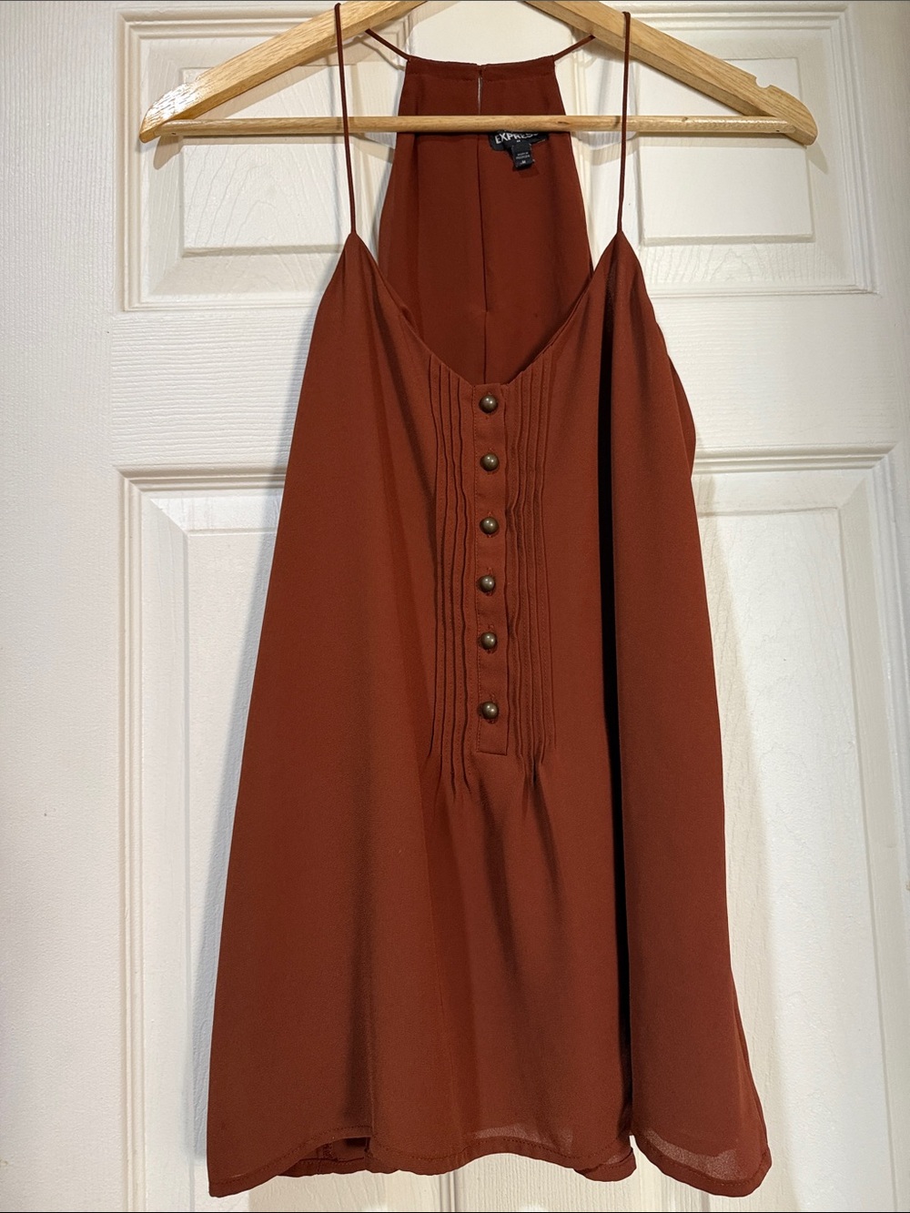 Express Rust Red Spaghetti Strap Pleated Button Tank Top